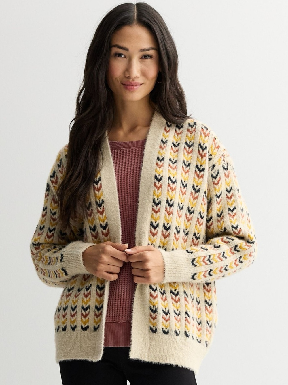 Farmers Market Sunset Stripe Boho Cardigan Sz S Chevron Knit Open Cottagecore